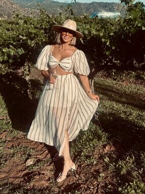 VICI Striped Two-Piece Crop Top and Midi Skirt Set - Cream & Beige